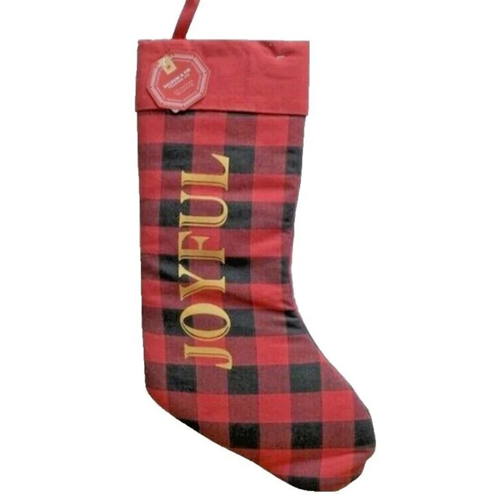 Christmas Stocking Red Black Buffalo Plaid Check Joyful Gold 20